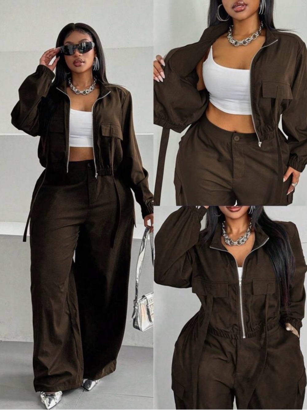 SHEIN Dark Brown Wide-Leg Utility Jumpsuit Set